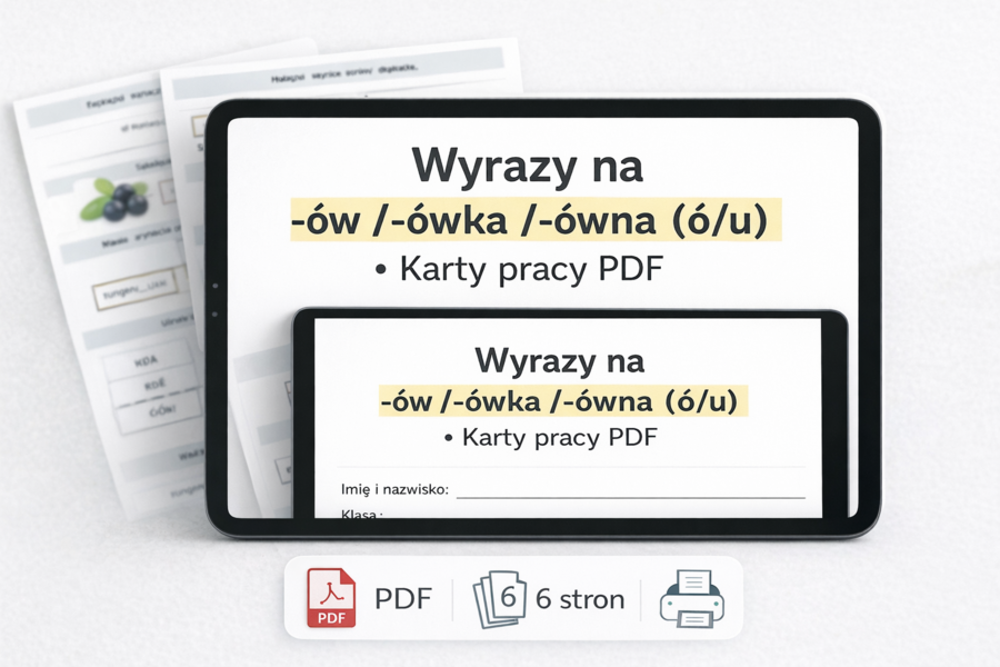 WYRAZY ZAKOŃCZONE NA -ÓW, -ÓWKA, -ÓWNA [Karta pracy, sprawdzian]