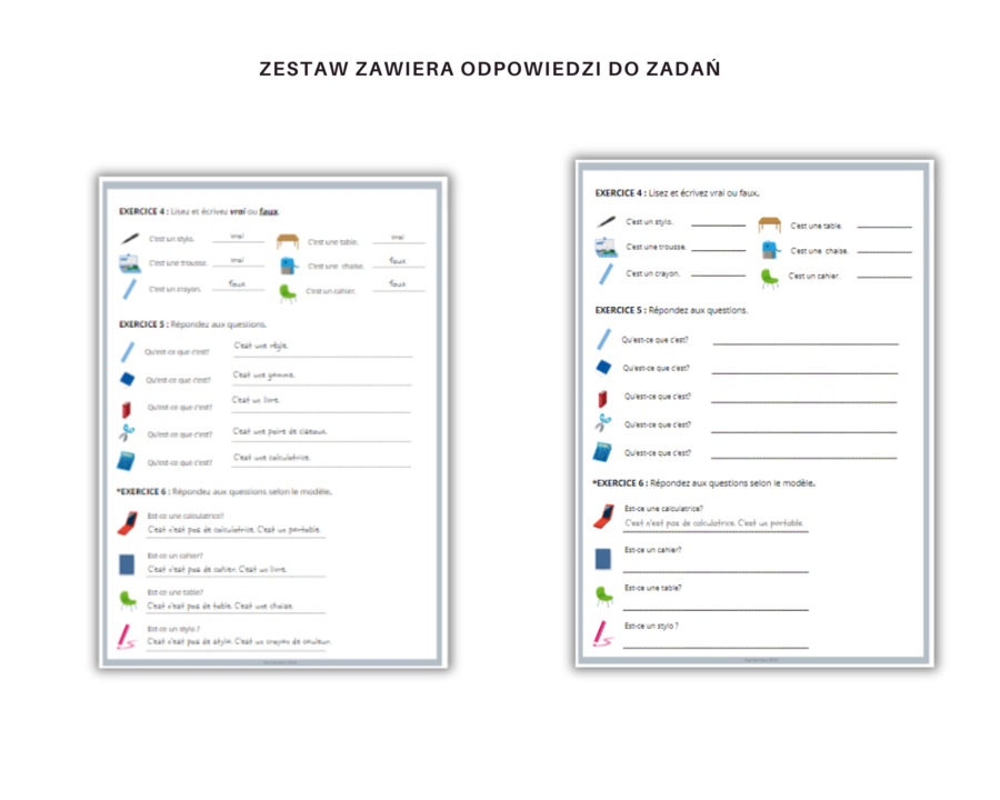 Qu'est-ce que c'est? - fournitures scolaires - język francuski, przybory szkolne, zadania