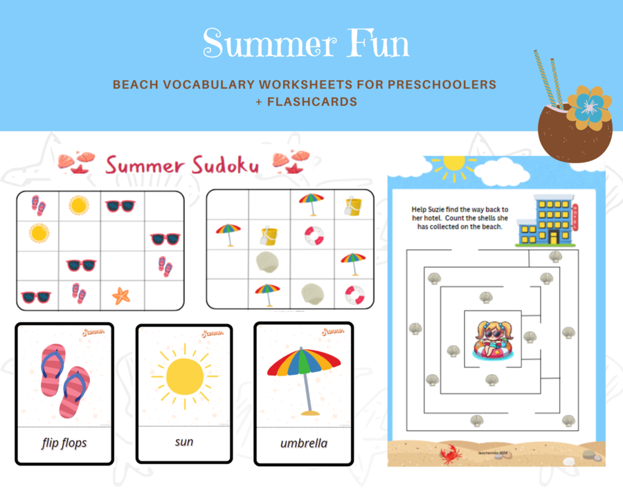 Summer Fun: Beach Vocabulary Worksheets for Preschoolers, Set- Letnia zabawa, zestaw kart pracy z plażowym słownictem, przedszkole, zerówka. Karty obrazkowe, labirynt, sudoku językowe , I spy, wakacje