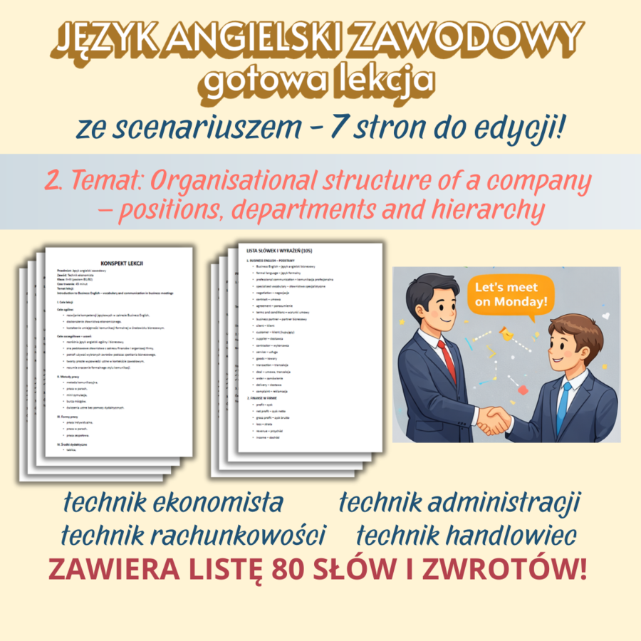 JĘZYK ANGIELSKI ZAWODOWY Gotowa lekcja ze scenariuszem, 7 stron do edycji Temat: Organisational structure of a company