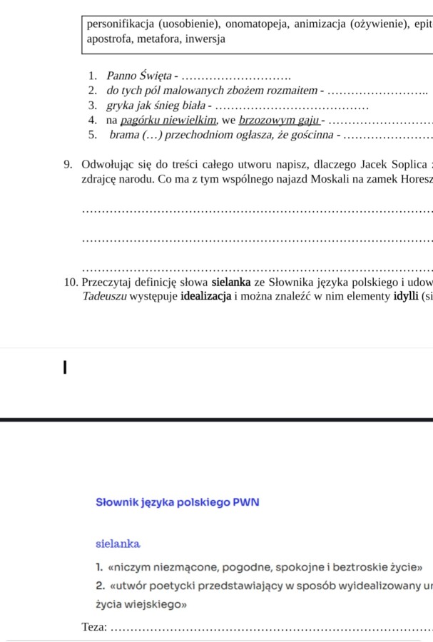 Sprawdzian z lektury ,,Pan Tadeusz"