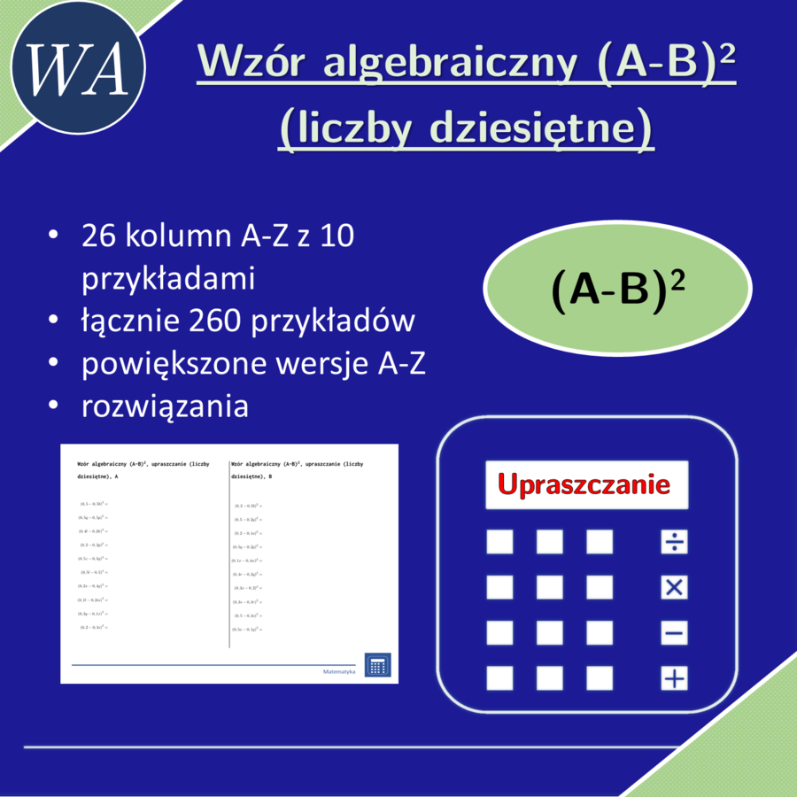 Wzór algebraiczny (A-B)^2, upraszczanie (liczby dziesiętne) | matematyka, algebra | 26 kolumn