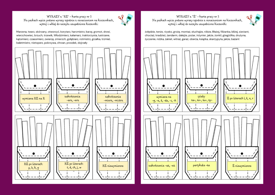 ORTOGRAFIA – ZESTAW – wyrazy z „RZ” i „Ż” – zasady – wklejka – karta pracy – 6 wersji + odpowiedzi