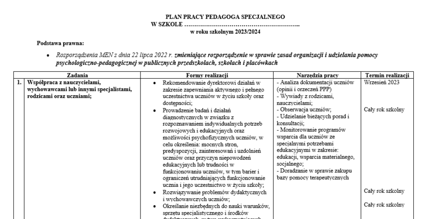 Plan pracy pedagoga specjalnego