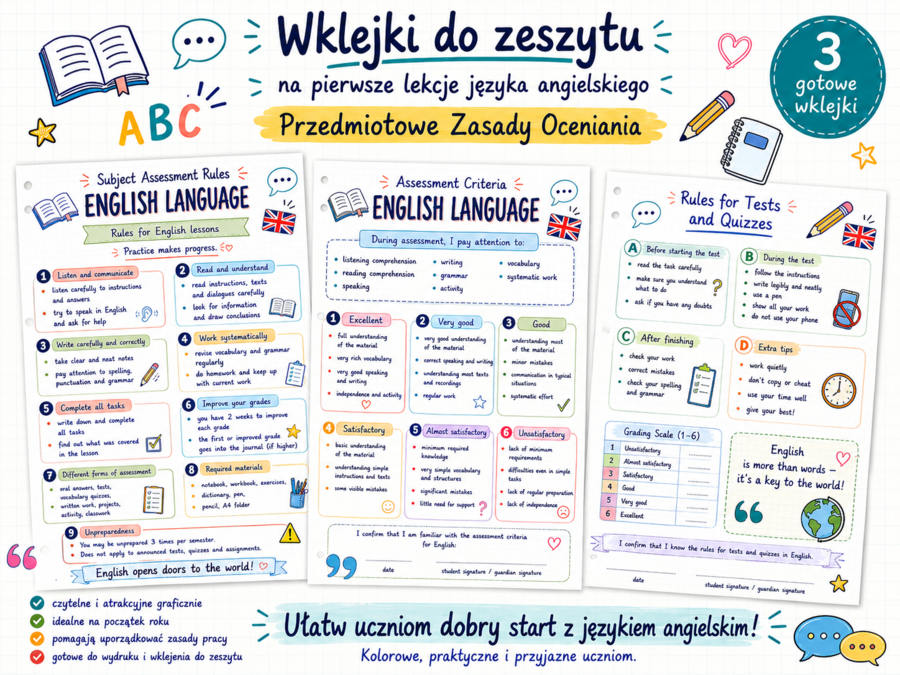 Przedmiotowe Zasady Oceniania – język angielski | wklejki i plansze