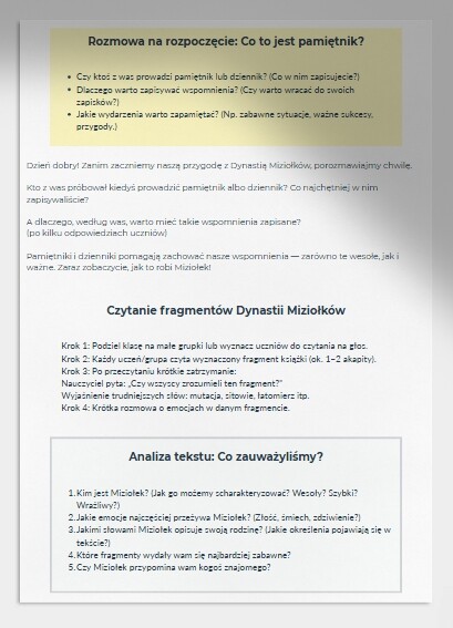 LEKCJA JĘZYKA POLSKIEGO. Temat: Dzień po dniu. Dynastia Miziołków.