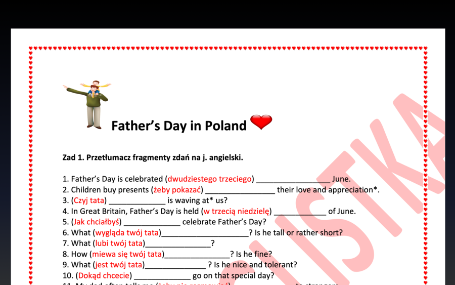 Father's Day- Dzień Ojca- tłumaczenie fragmentów zdań i budowanie zdań z podanych elementów E8