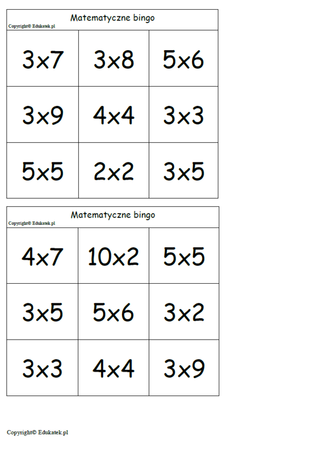 Matematyczne bingo- utrwalanie mnożenia