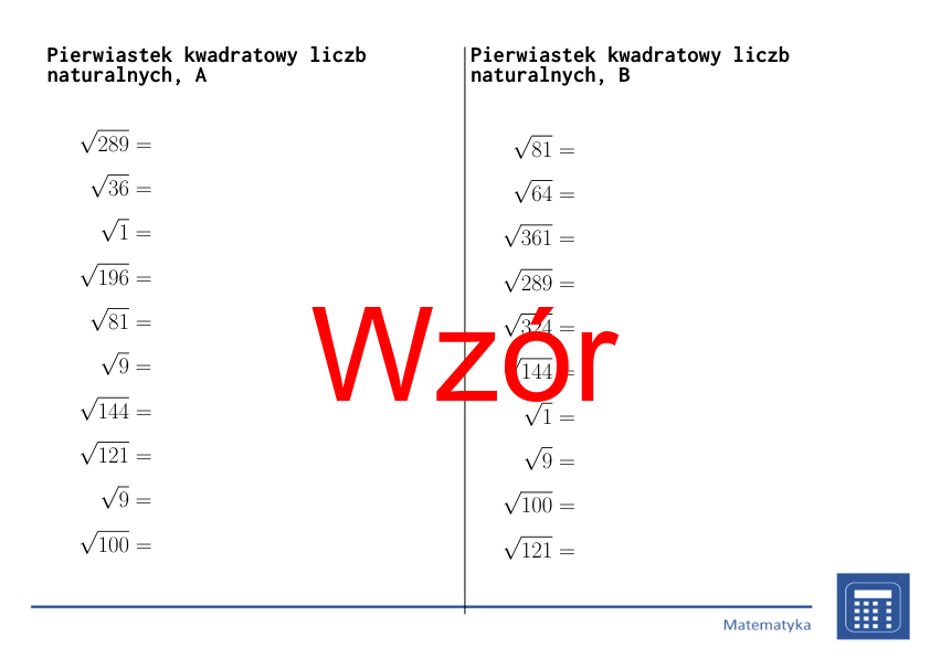 Pierwiastek kwadratowy liczb naturalnych | matematyka | 26 kolumn
