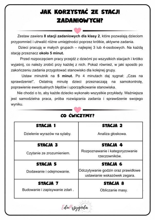 Stacje zadaniowe – klasa 1–2 | 8 stacji do utrwalenia umiejętności