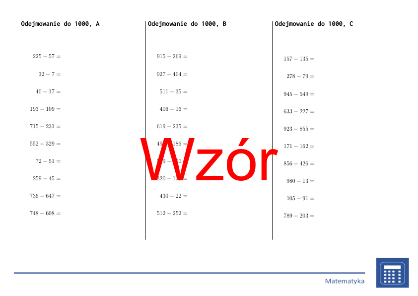 Odejmowanie do 1000 | matematyka | 26 kolumn