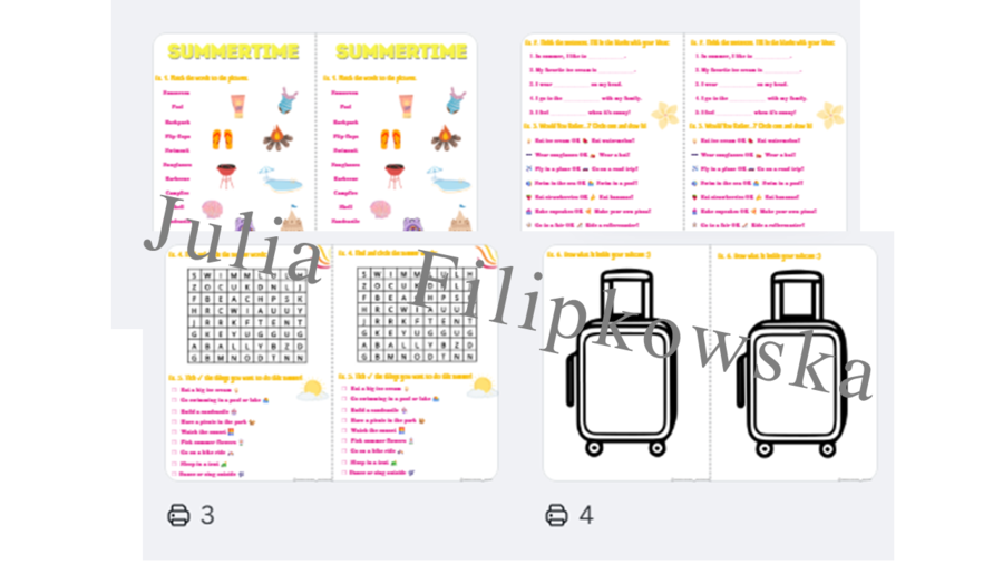 Wakacyjny zestaw zadań/ Summer holidays / karta pracy/ zadania/ słownictwo/ Klasy 1-3/ SP 1-3/ Lato / Wakacje / Dzieci/ Gotowa lekcja