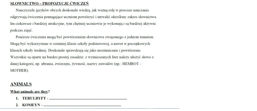 Słownictwo (zwierzęta, ubrania, zawody)