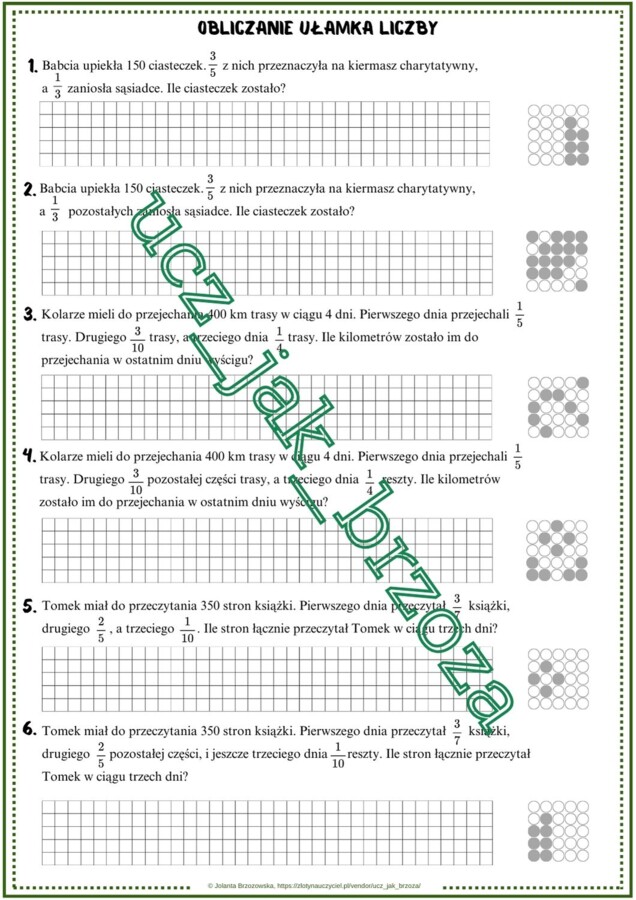 Obliczanie ułamka liczby, czytanie ze zrozumieniem, karta pracy, kodowanie, klasa 5