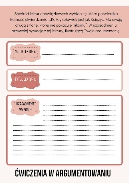 Ćwiczymy argumentowanie i utrwalamy treść lektur- karty z zadaniami na klasowym kursie redagowania wypowiedzi argumentacyjnej. Level 2