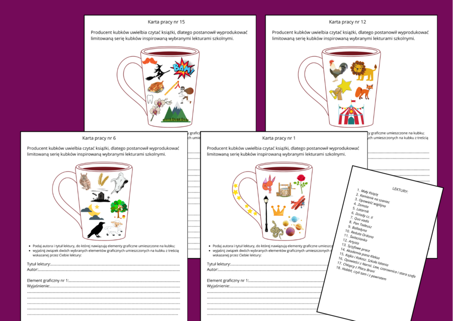 LEKTURY kl. 4-8 – ikonki – powtórzenie - powtórka - egzamin - karta pracy - karty pracy - 18 szt. - zestaw