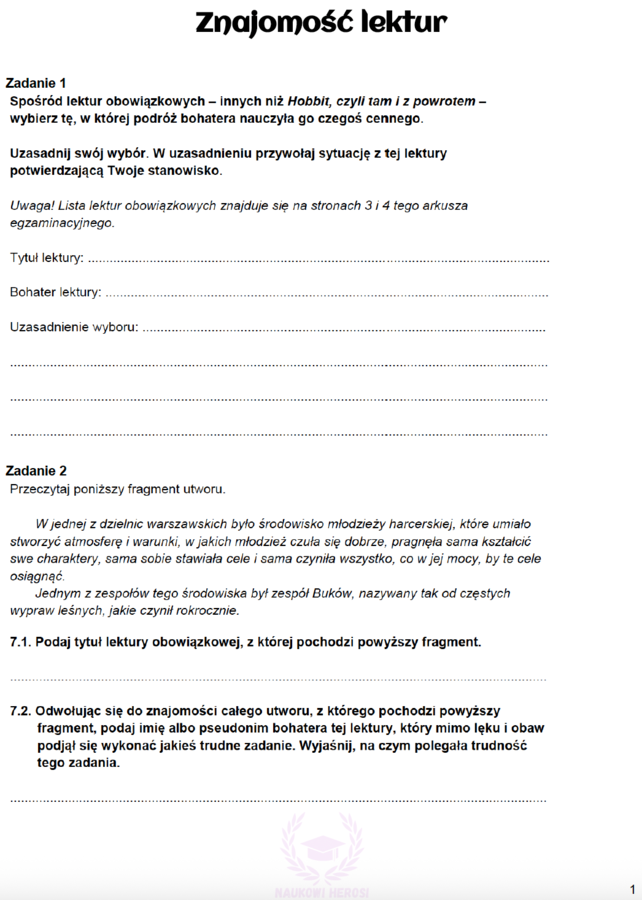 Zadania egzaminacyjne z j.polskiego - Znajomość lektur