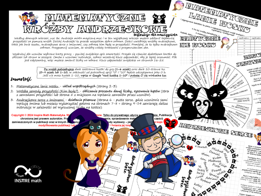 Matematyczne Andrzejki. Wróżby andrzejkowe dla klas 4-8 (działania pisemne, układ współrzędnych, procenty, kąty).
