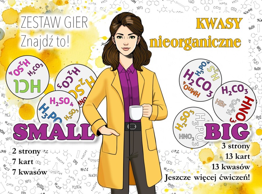 Klasa 7. Chemia. Znajdź to! Kwasy nieorganiczne. Gra typu dobble. ZESTAW – SMALL i BIG