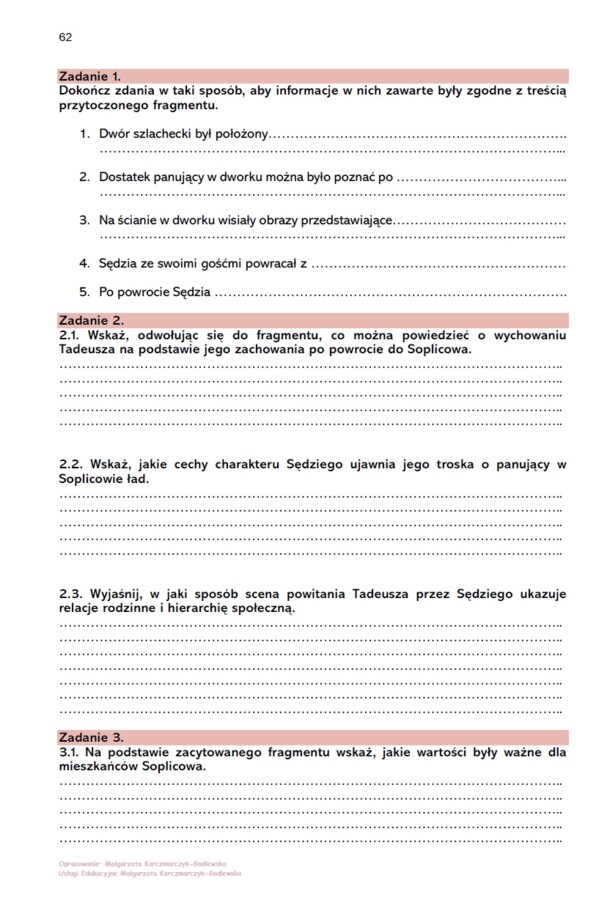 Karta pracy >>Czytanie "Pana Tadeusza"<<