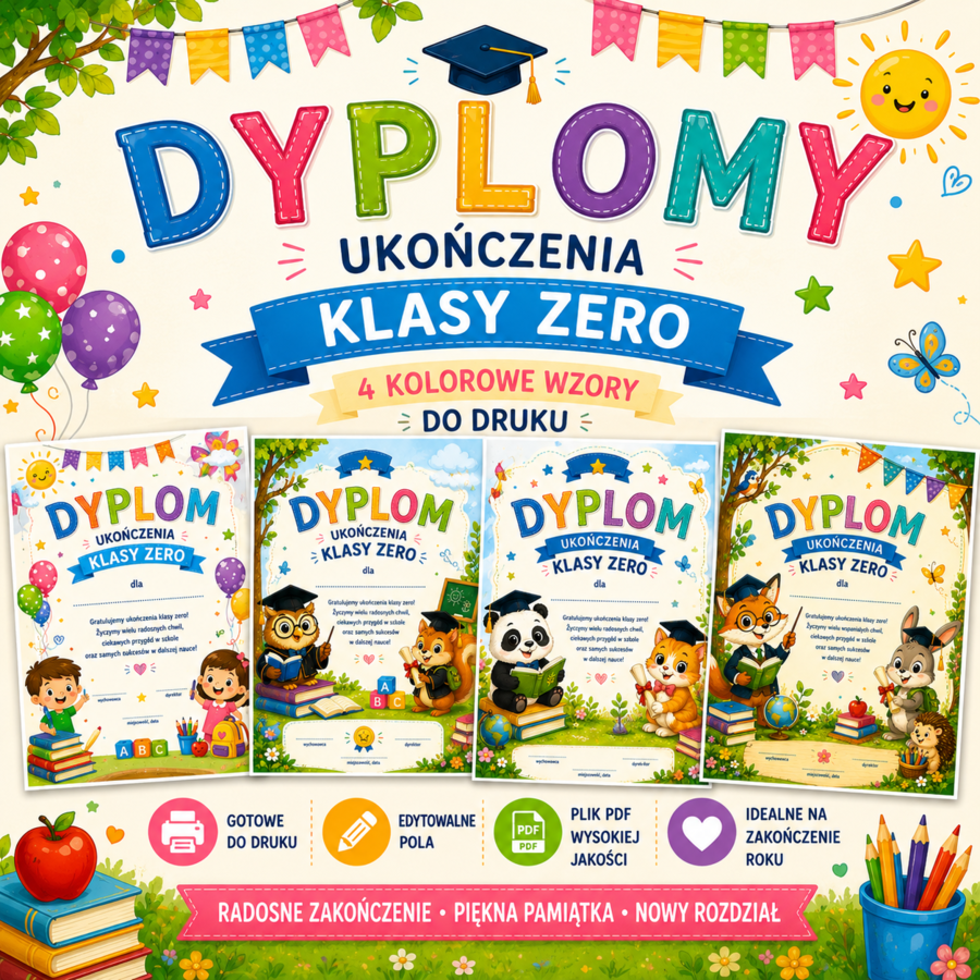 🎓 Dyplomy ukończenia klasy zero – 4 kolorowe wzory do druku (PDF)