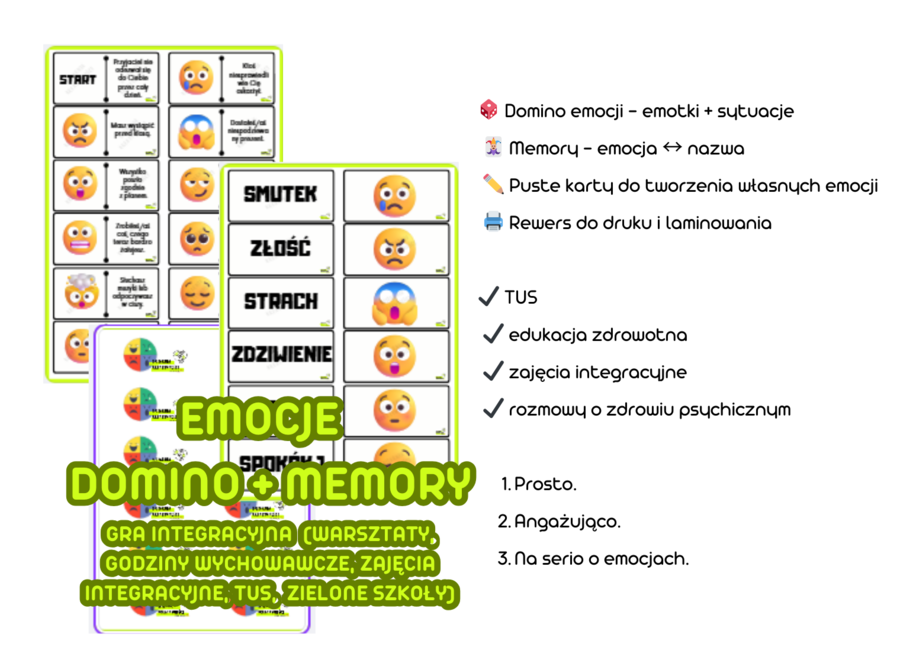 EMOCJE  DOMINO + MEMORY  gra integracyjna  (warsztaty, godziny wychowawcze, zajęcia integracyjne, TUS,  zielone szkoły)