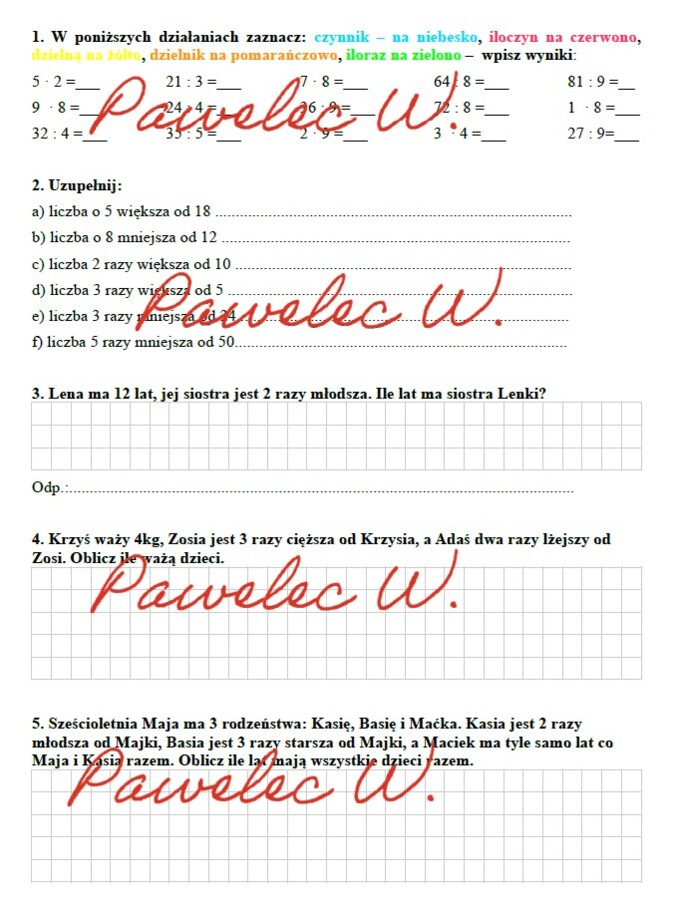 Dzielenie i mnożenie - karta pracy, sprawdzian, kl. 3