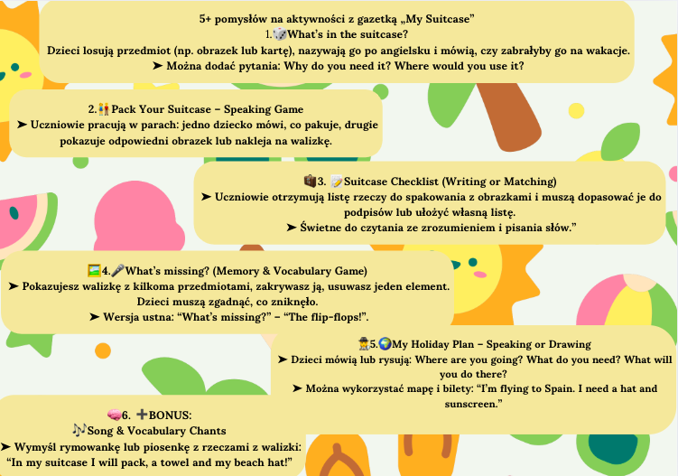 🎒 „My Suitcase – Wakacyjna Przygoda z Angielskim” To nie tylko kolorowa gazetka edukacyjna, ale też pakiet pełen inspiracji do pracy z dziećmi uczącymi się języka angielskiego! W zestawie znajdziesz: ✅ ilustracje z wakacyjnymi przedmiotami ✅ 6 gotowych p