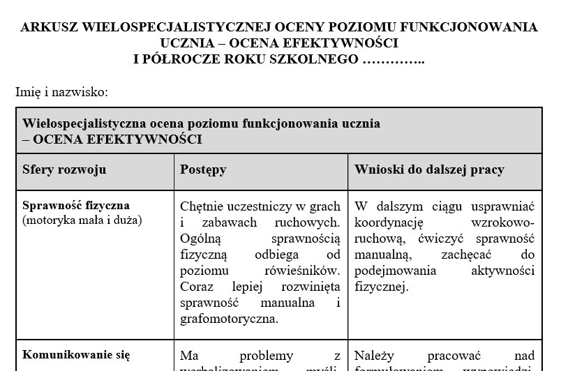 Arkusz oceny efektywnośći