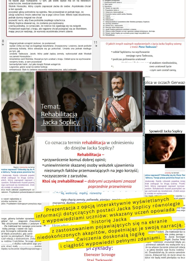 Rehabilitacja Jacka Soplicy. Interaktywna prezentacja zakończona ćwiczeniami w redagowaniu rozprawki inspirowanej lekturą.