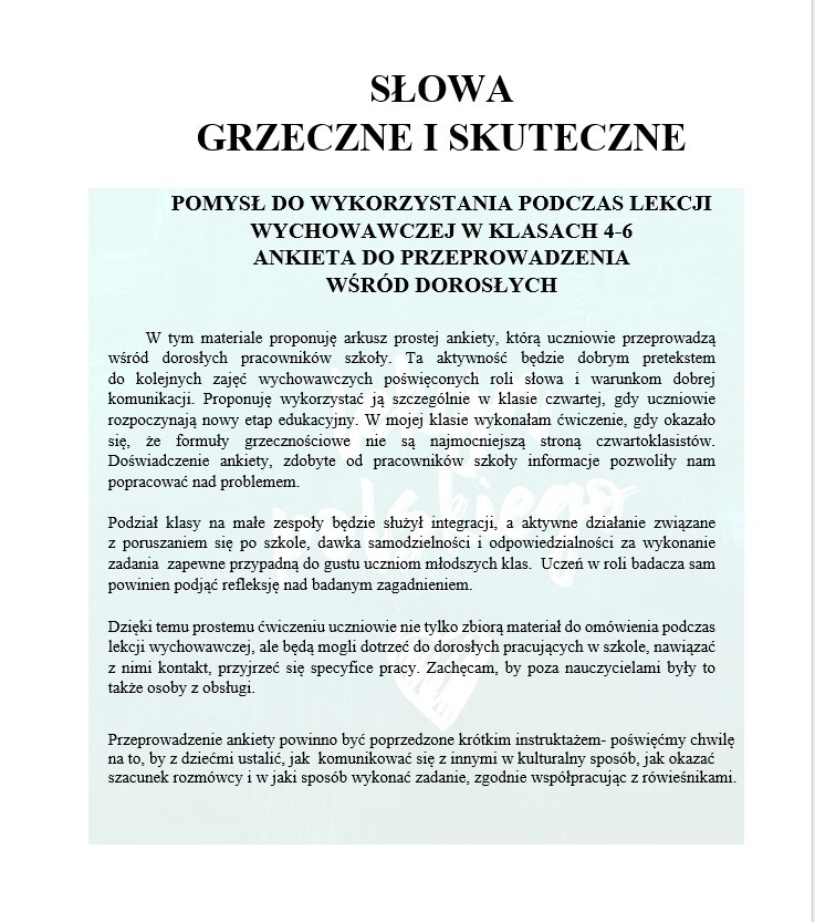 LEKCJA WYCHOWAWCZA- SŁOWA GRZECZNE I SKUTECZNE- UCZNIOWIE W ROLI ANKIETERÓW