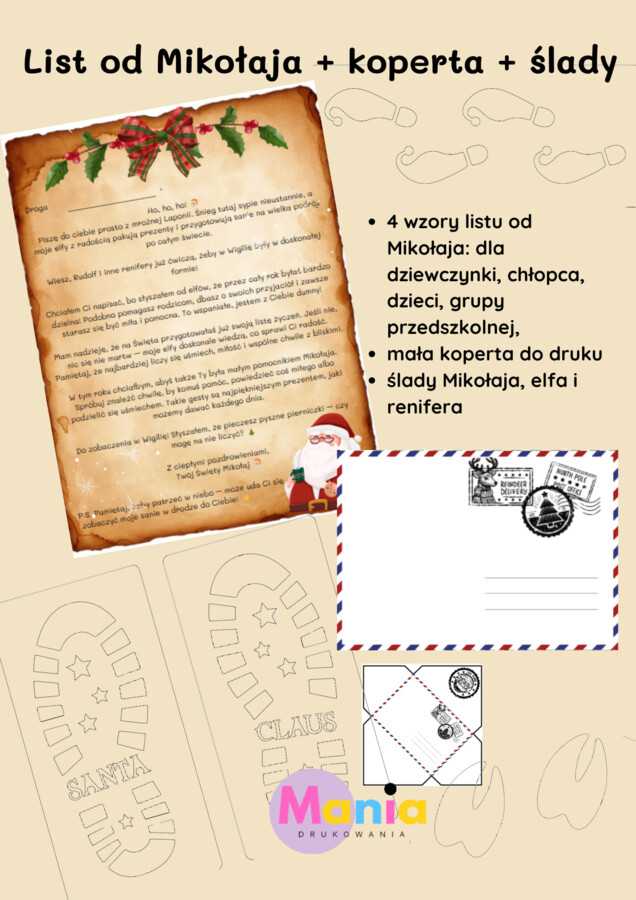 List od Mikołaja + koperta + ślady Mikołaja, Renifera i Elfa/ Mikołajki/ Wigilia