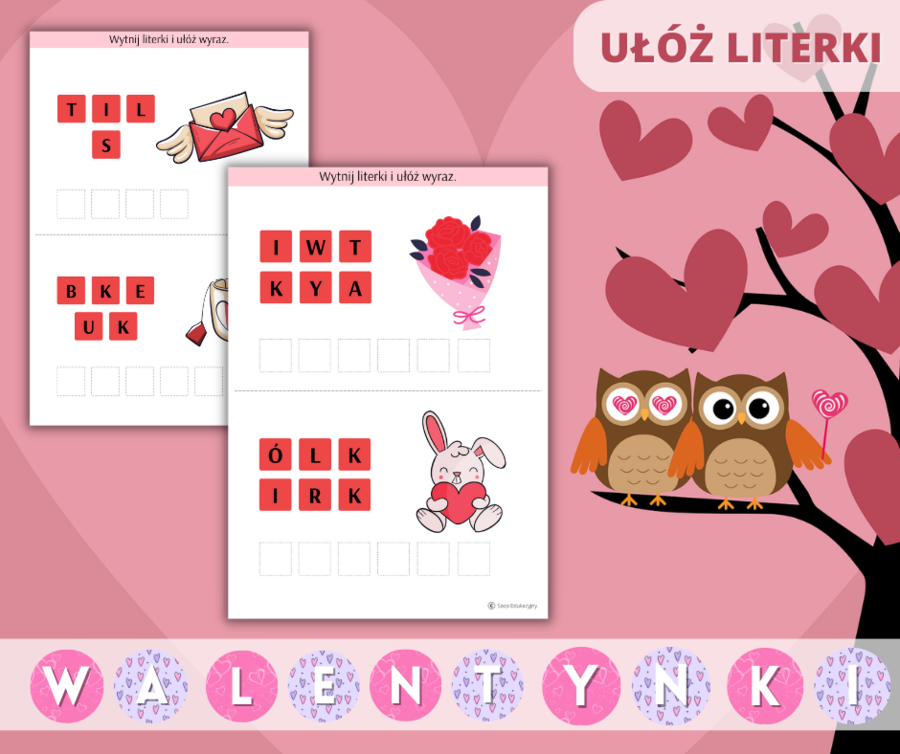 Walentynki Zestaw zadań. Puzzle. Szlaczki. Obliczenia. Labirynty. Girlanda