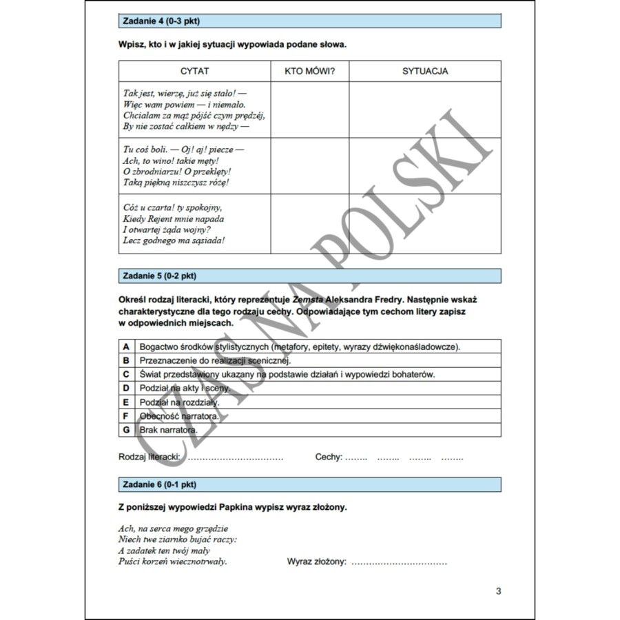 A. Fredro "Zemsta" – test powtórzeniowy przed egzaminem ósmoklasisty
