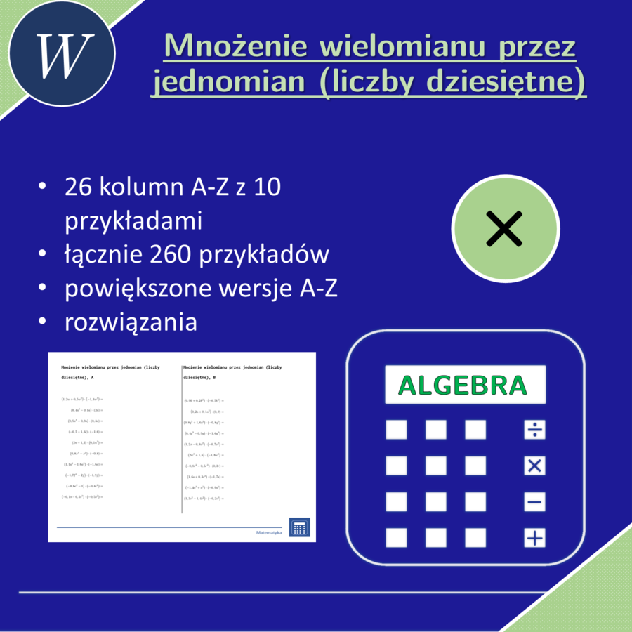 Mnożenie wielomianu przez jednomian (liczby dziesiętne) | matematyka, algebra | 26 kolumn