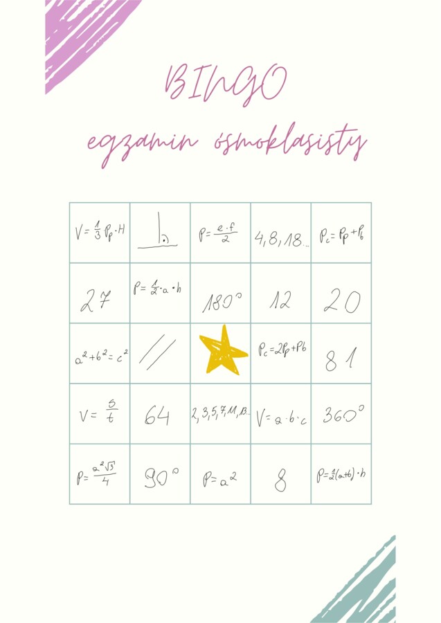 Bingo - wzory matematyczne do egzaminu ósmoklasisty