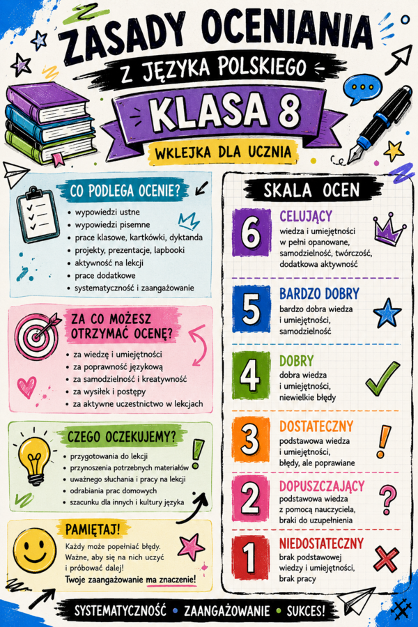 Zasady oceniania w klasie 8 SP - wklejka dla ucznia