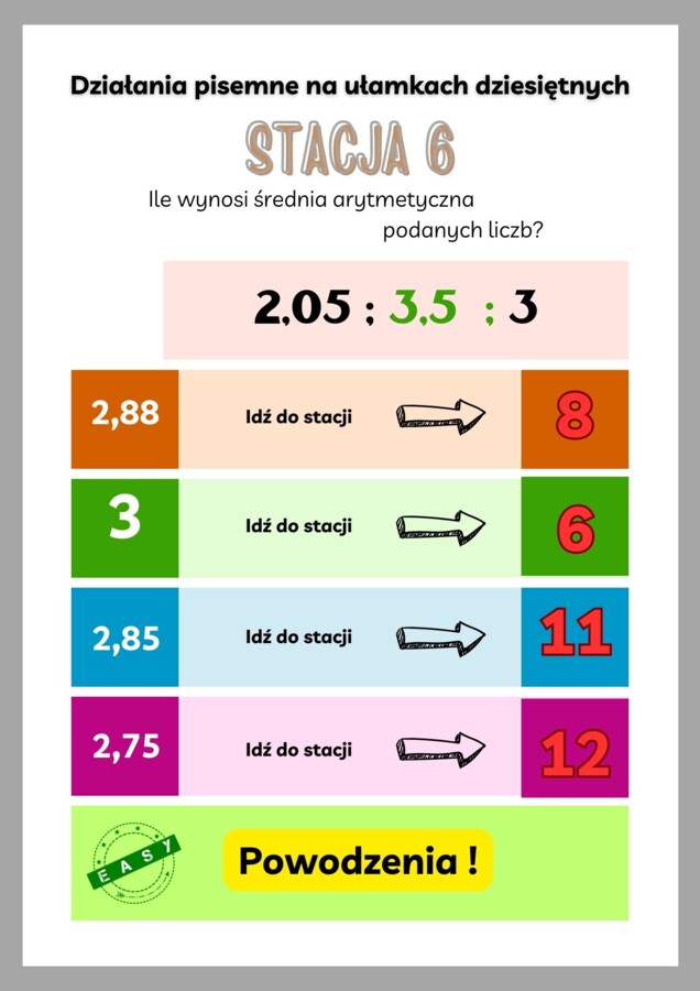 Stacje zadaniowe- działania pisemne na ułamkach dziesiętnych (wersja łatwiejsza)
