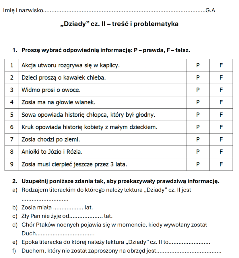 "Dziady" cz. II - kartkówka z treści i problematyki