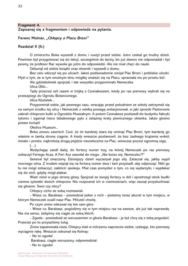 Karta pracy "Chłopcy z Placu Broni" - krytyczne czytanie