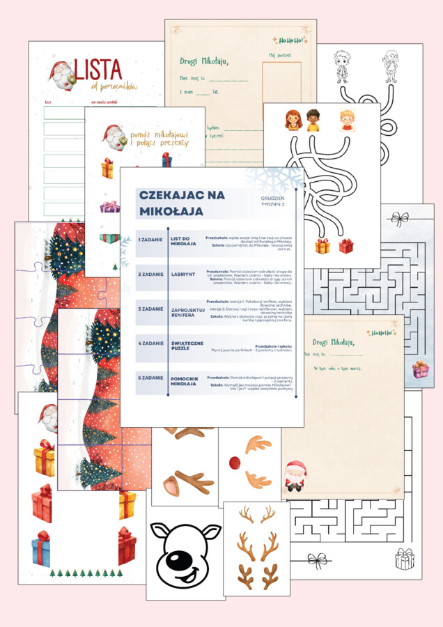 "Czekając na Mikołaja" - list do Mikołaja, labirynty, projekt renifera, puzzle, karty pracy - zadania na 5 dni!