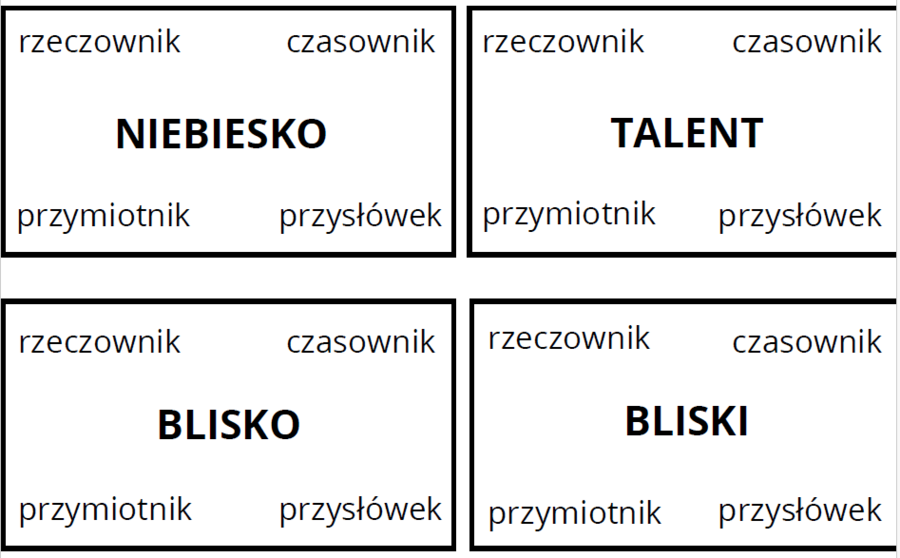 Karty części mowy (zabawa z klamerkami)