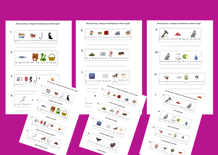 REBUSY – rebus - DZIEŃ JĘZYKA OJCZYSTEGO - frazeologizmy - związki frazeologiczne ze słowem "język"