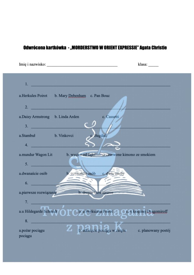 "Morderstwo w Orient Expressie" A. Christie - kartkówka odwrócona - lektura uzupełniająca