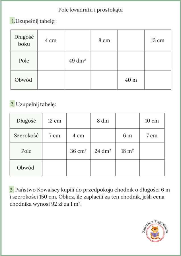 Kwadrat i prostokąt - karta pracy