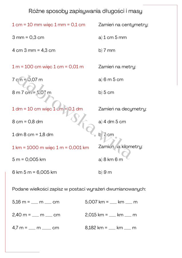 Różne sposoby zapisywania jednostek długości i masy