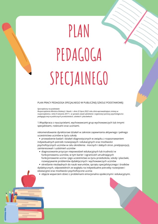 Plan Pracy Pedagoga Specjalnego, szkoła, przedszkole.