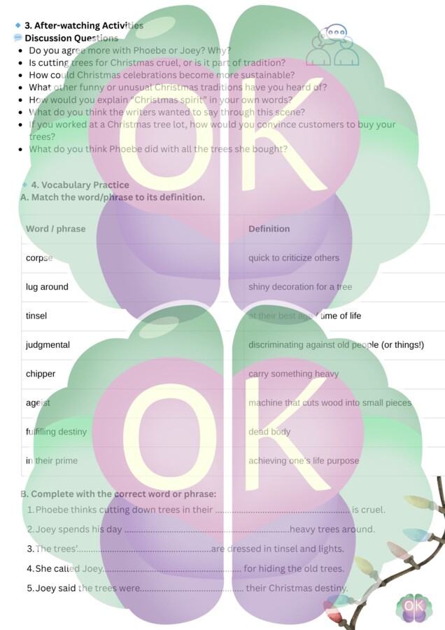 🎬 Christmas TV Clip Lesson – „Friends” Holiday Edition: materiał edukacyjny a2, b1, b2 Friends, świąteczny materiał, angielski na święta, lekcja z filmem, słownictwo świąteczne, True False, writing po angielsku, konwersacja świąteczna, Christmas clip les