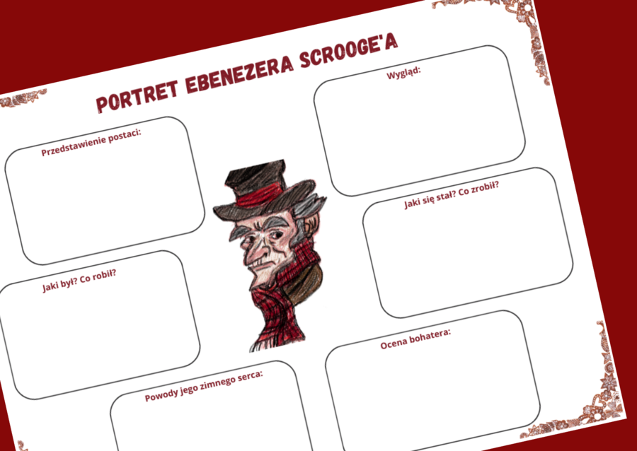"OPOWIEŚĆ WIGILIJNA" - Portret E.Scrooge'a - karta pracy do uzupełnienia