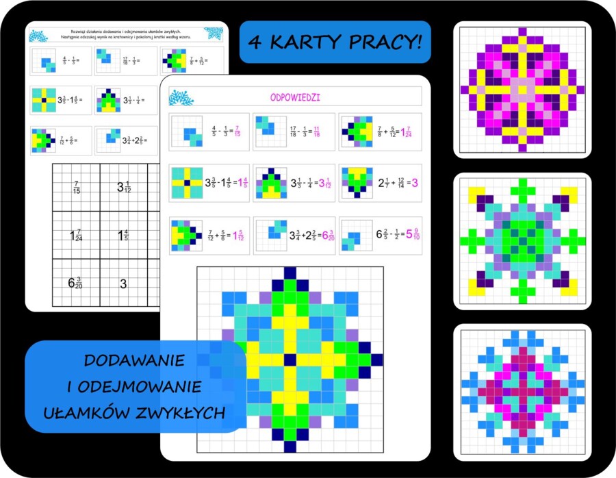 Ułamki zwykłe, dodawanie i odejmowanie ułamków, kolorowanki/kodowanki/bloksy, święta, Boże Narodzenie, śnieżynki, mandale
